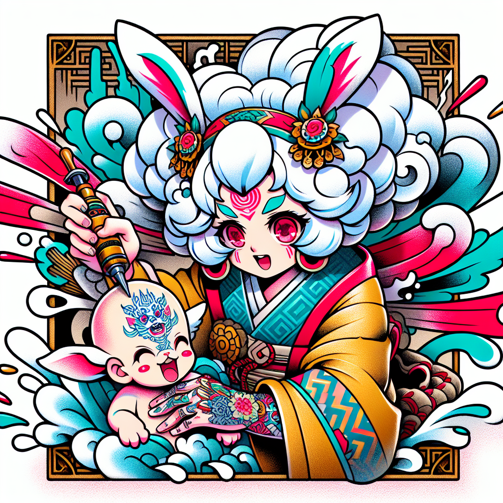 Traditional "anime girl with white cloud hair and bunny ears with pink eyes tattooing a baby" Tattoo Design