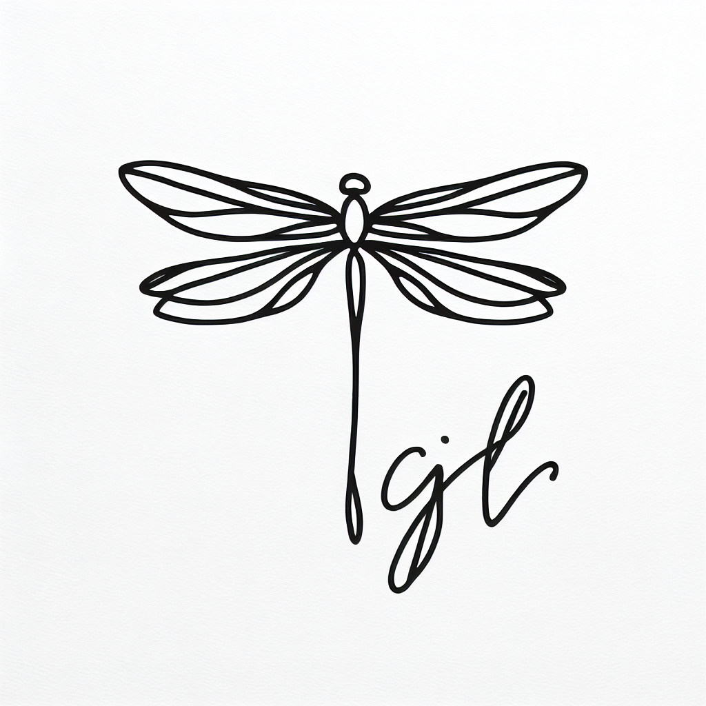 Single line "Small dragonfly with GL initials" Tattoo Design