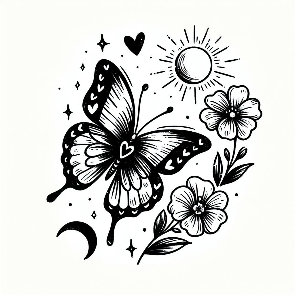 Sketch "uma borboleta com uns corações bem pequenos de detalhe, uma flores bem delicadas e lindas e um sol pequeno em cima da borboleta e uma lua pequena embaixo da borboleta" Tattoo Design