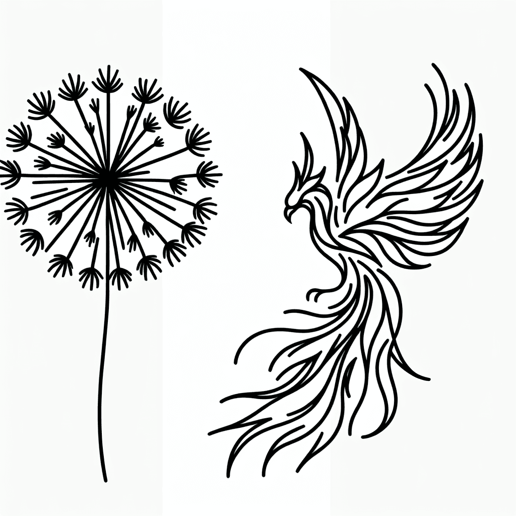 Single line "Dandelion with phoenix" Tattoo Design