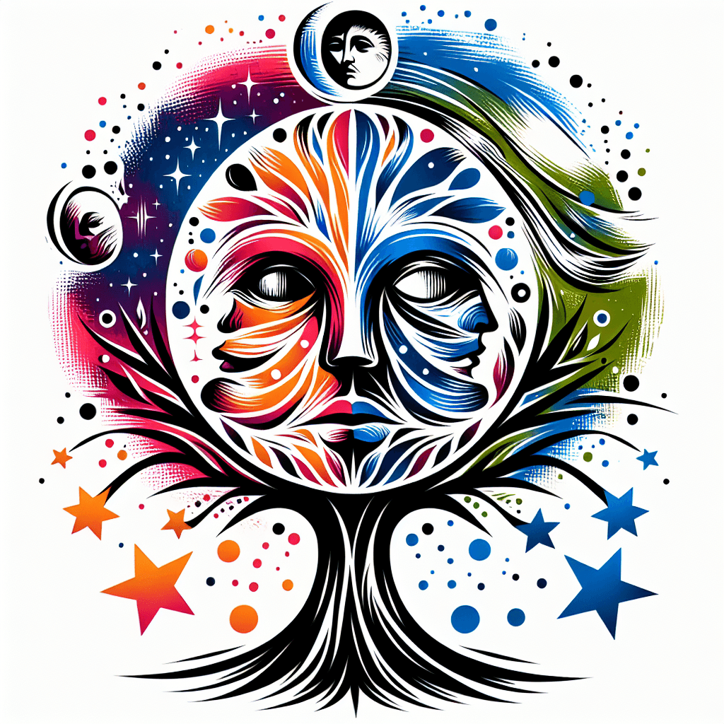 Abstract "Style of Draw a tattoo with a large tree of life as the background, a half moon with a merged face (eyes, nose, mouth), and three shooting stars representing my wife, son, and daughter" Tattoo Design