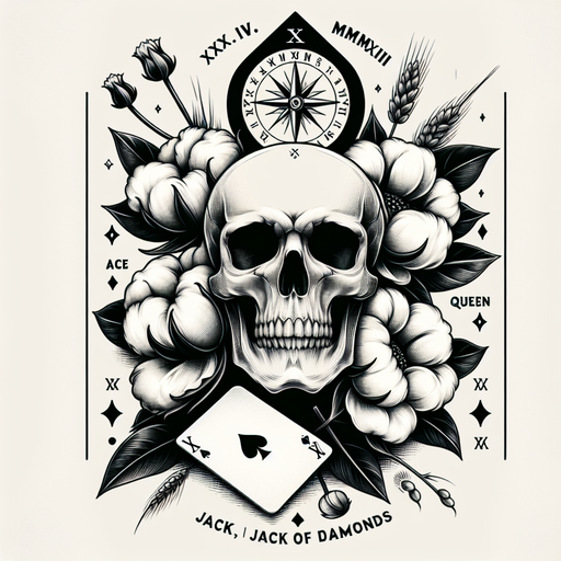 Sketch "a skull with flowers, some cotton flowers, a compass pointing north, a text "XX.IV.MMXIII", cards (ace, king, queen, jack of diamonds)" Tattoo Design