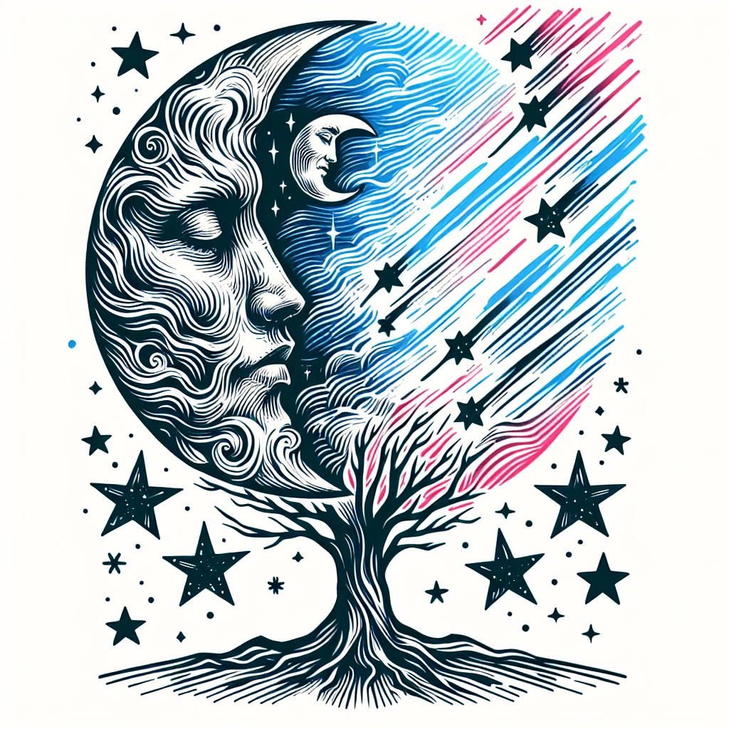 Sketch "Large Tree of life as the background, a half moon merged with a man’s nose, eyes, mouth into the moon above the tree,only three identical shooting stars,two smaller,all streaking lines left to right" Tattoo Design