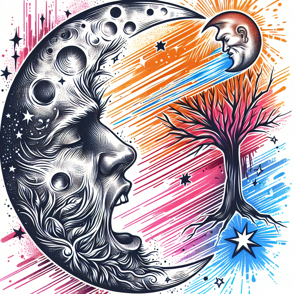 Sketch "Large Tree of life background, a half moon merged with a man’s nose, eyes, mouth into the moon, incorporate a large shooting star with two smaller stars with streaking lines left to right" Tattoo Design