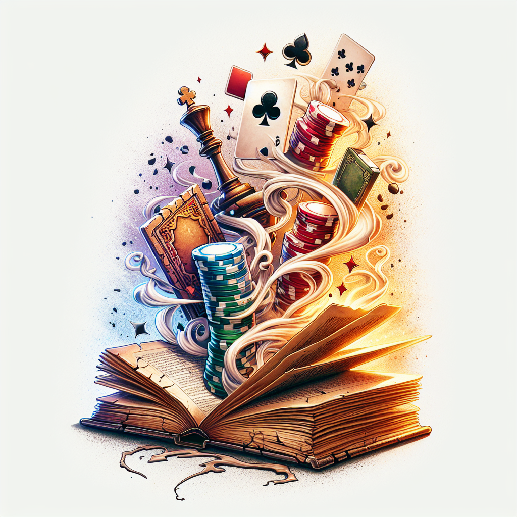 Realism "A tattered book opened with poker chips and chess pieces magically rising up out of it with smoke, swirling and intertwining" Tattoo Design