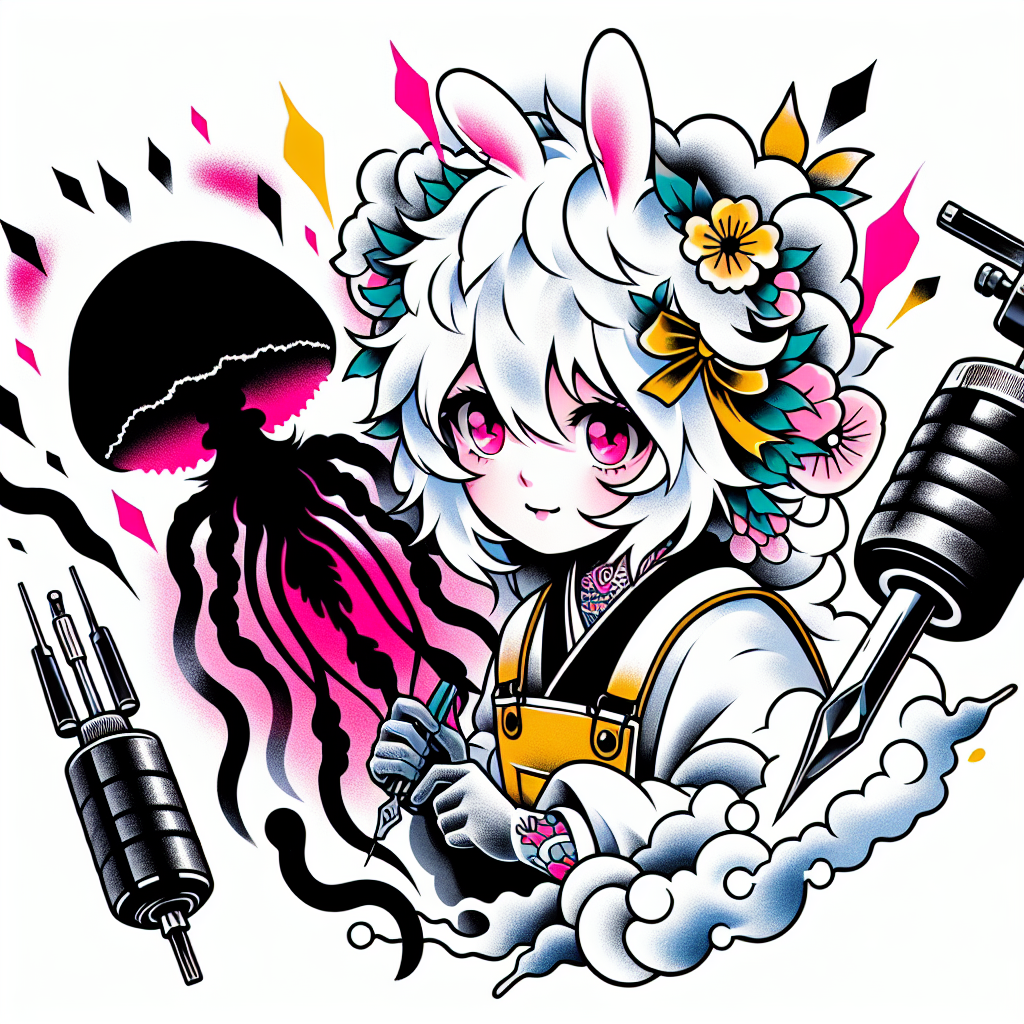 Traditional "Anime Girl With White Cloud Hair And Bunny Ears With Pink Eyes Tattooing A jellyfish" Tattoo Design
