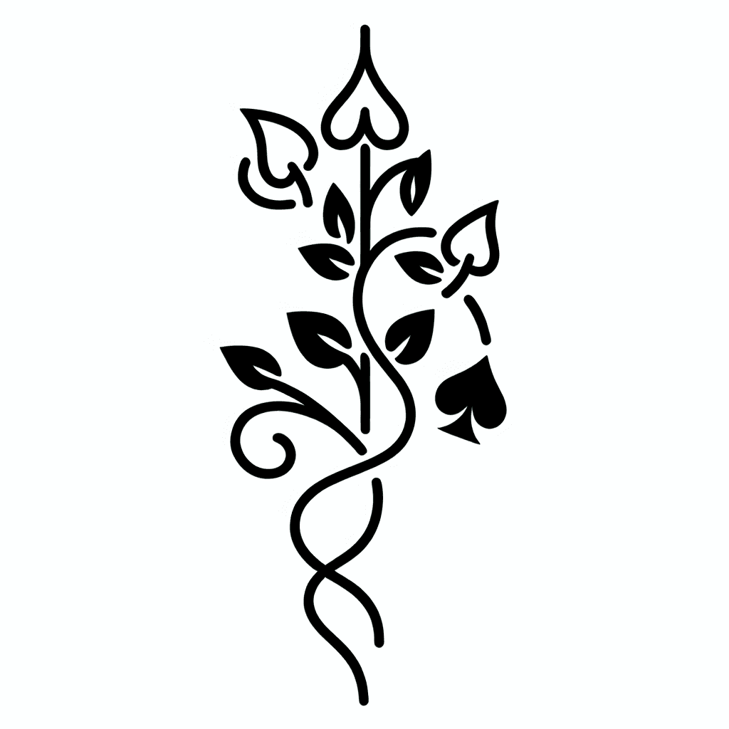 Single line "A vine with a spade symbols growing out of it,creating a mysterious and elegant design" Tattoo Design