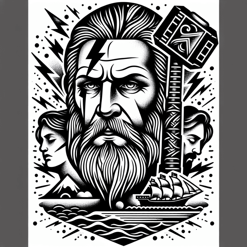 Portrait "Gott Thor mit Hammer, blitze, meer, Schiff im Hintergrund" Tattoo Design