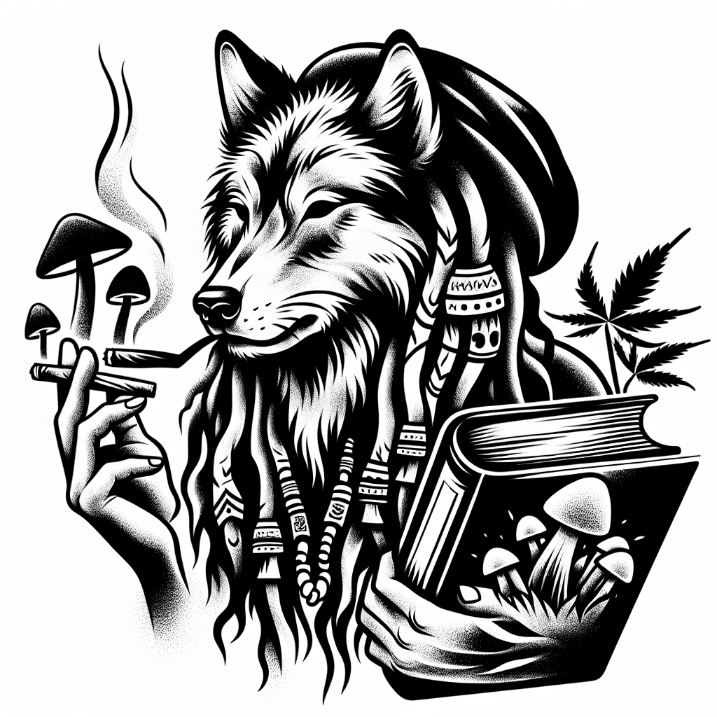 Sketch "Wolf resembling a man with dreads with a blunt, book on herbs, and shrooms in hand." Tattoo Design