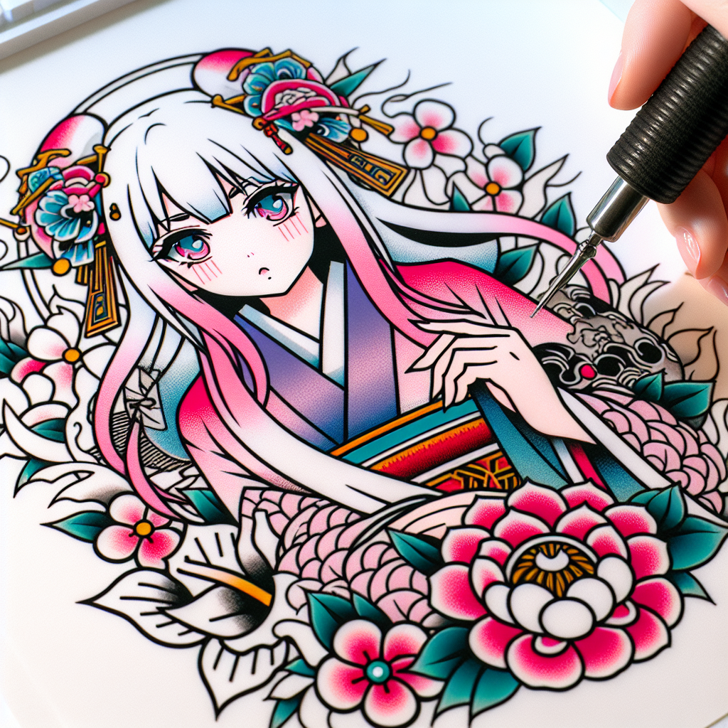 Anime Girl With White And Pink Hair Tattooing