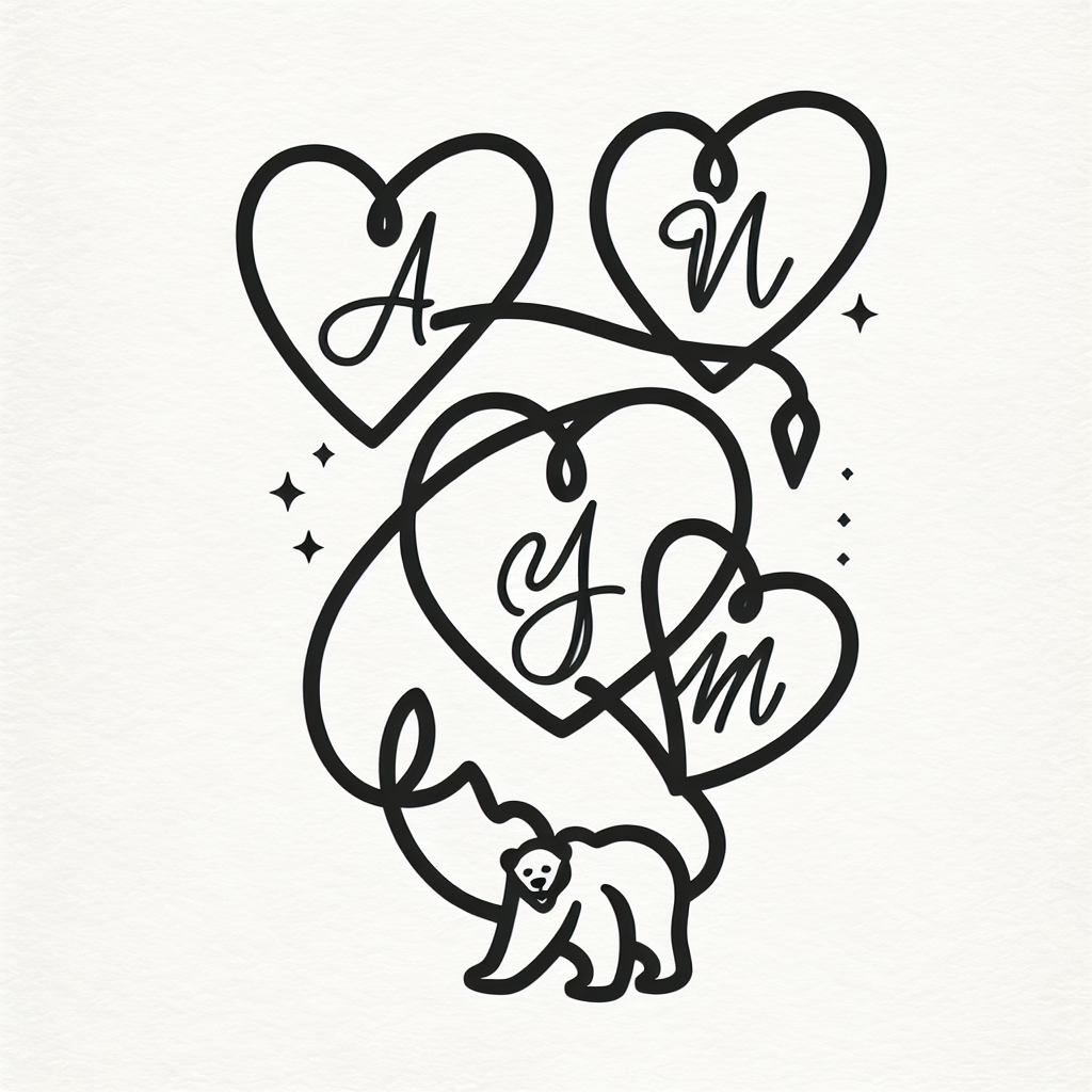 Single line "3 hearts linked to a bigger one  letters A J N ... mama bear" Tattoo Design
