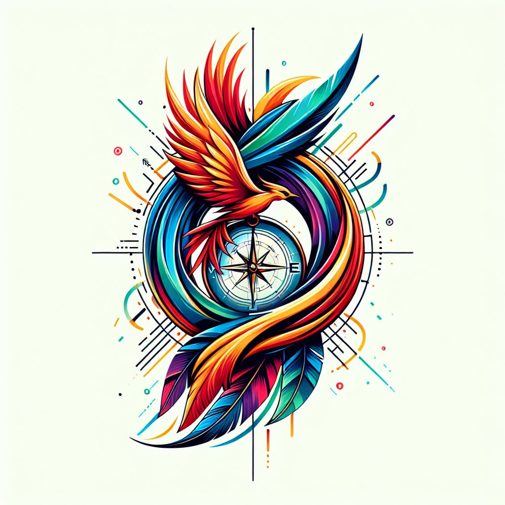 Abstract "Ein Kompass als Unendlichkeitszeichen mit Federn und einem Phönix eingebaut" Tattoo Design