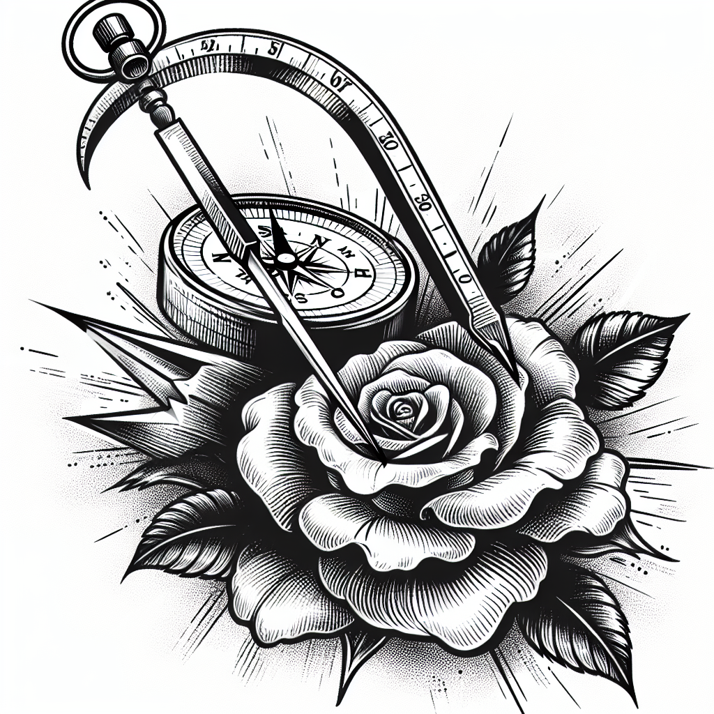 Sketch "a compass needle bending towards a blooming rose." Tattoo Design