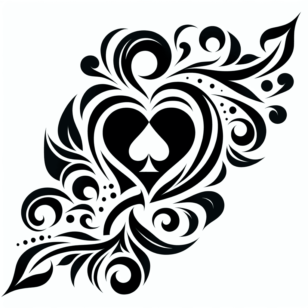 Tribal "A black heart with a spade symbol inside, surrounded by delicate vine details" Tattoo Design