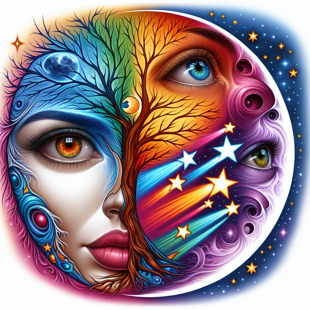 Realism "Draw a tattoo with a large tree of life as the background, a half moon with a merged face (eyes, nose, mouth), and three shooting stars representing my wife, son, and daughter" Tattoo Design