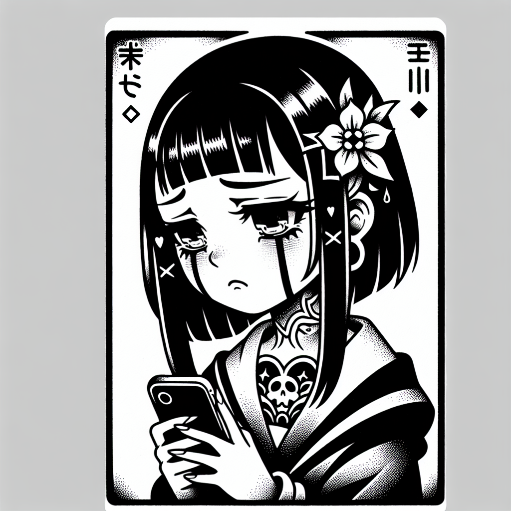 Traditional "devastated anime girl with micro bangs staring blankly at her phone" Tattoo Design