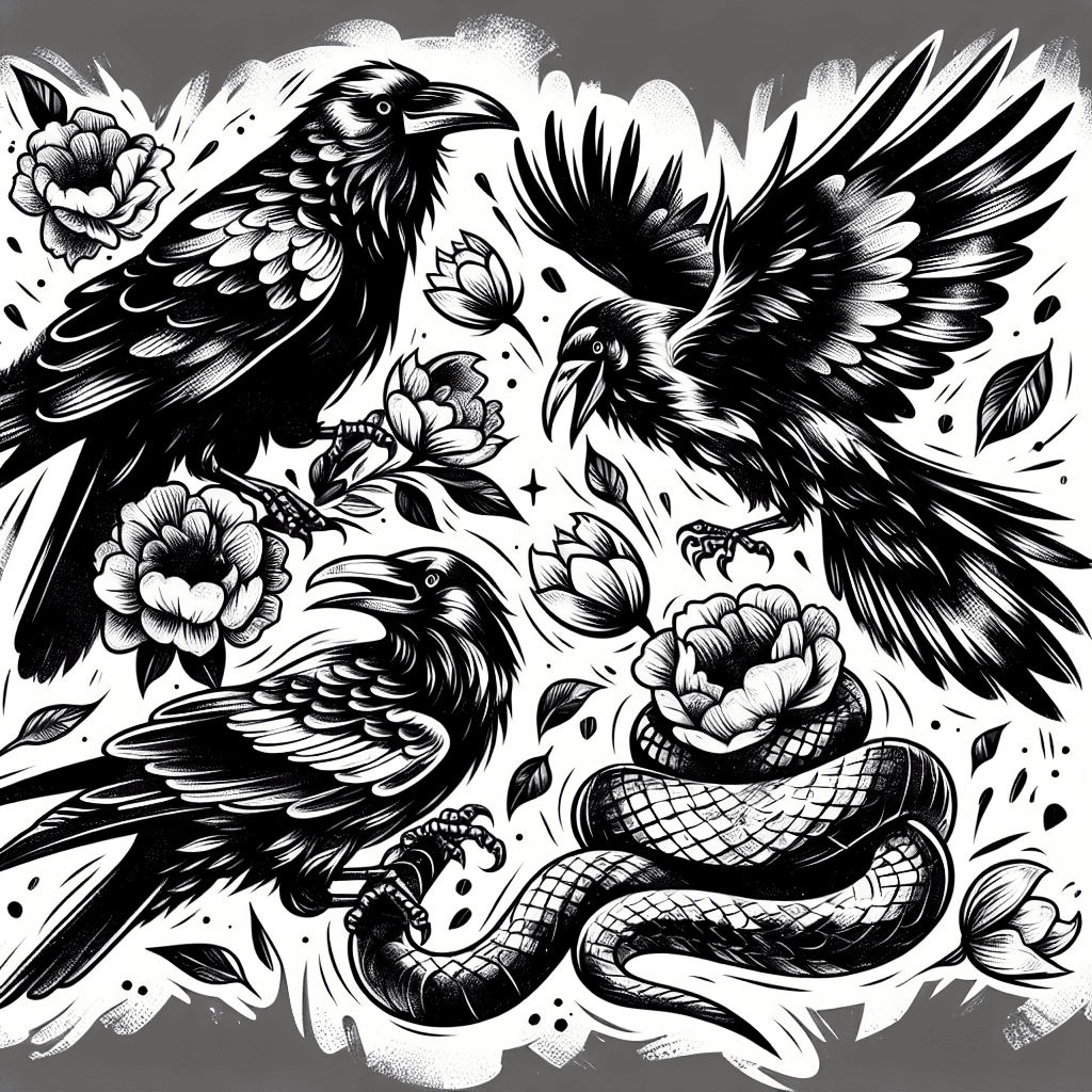 Sketch "Crows in Background with snake and flowers" Tattoo Design