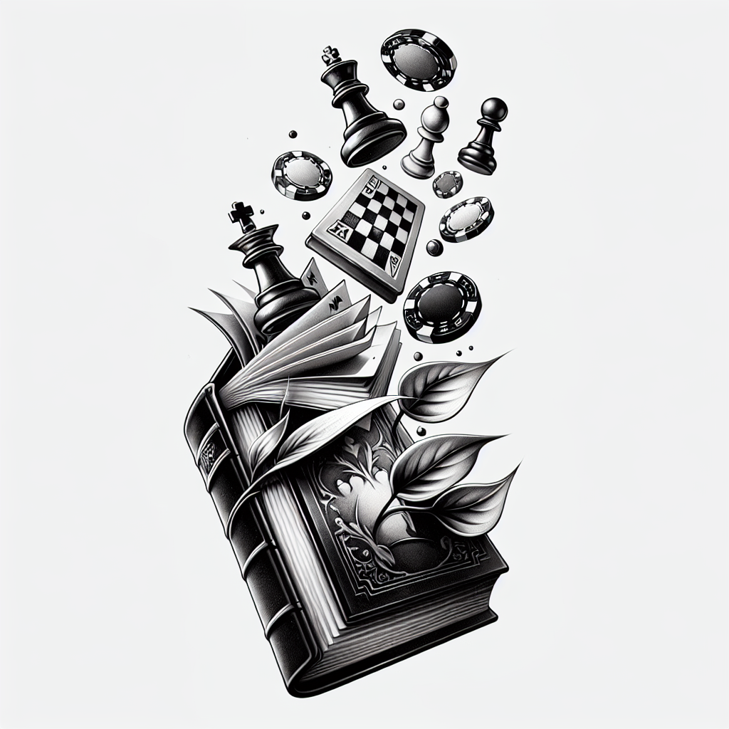 Realism "Whimsical tattoo of a Antique book with poker chips and chess pieces rising up and floating out" Tattoo Design