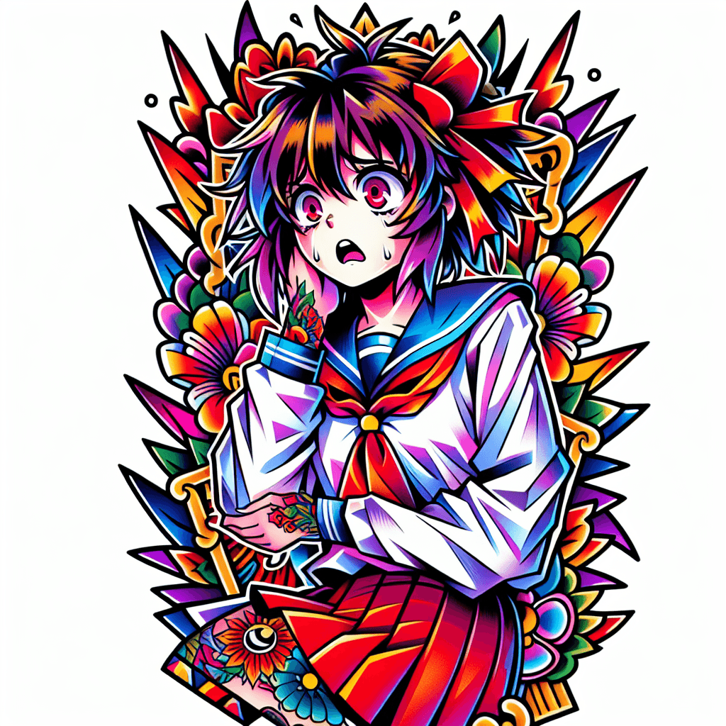 Traditional "anxious anime girl" Tattoo Design