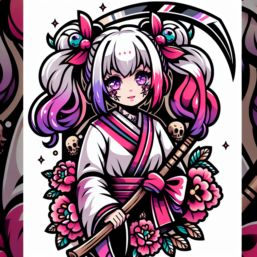 Traditional "anime girl with white and pink mini pigtails with micro bangs and purple eyes holding a scythe" Tattoo Design