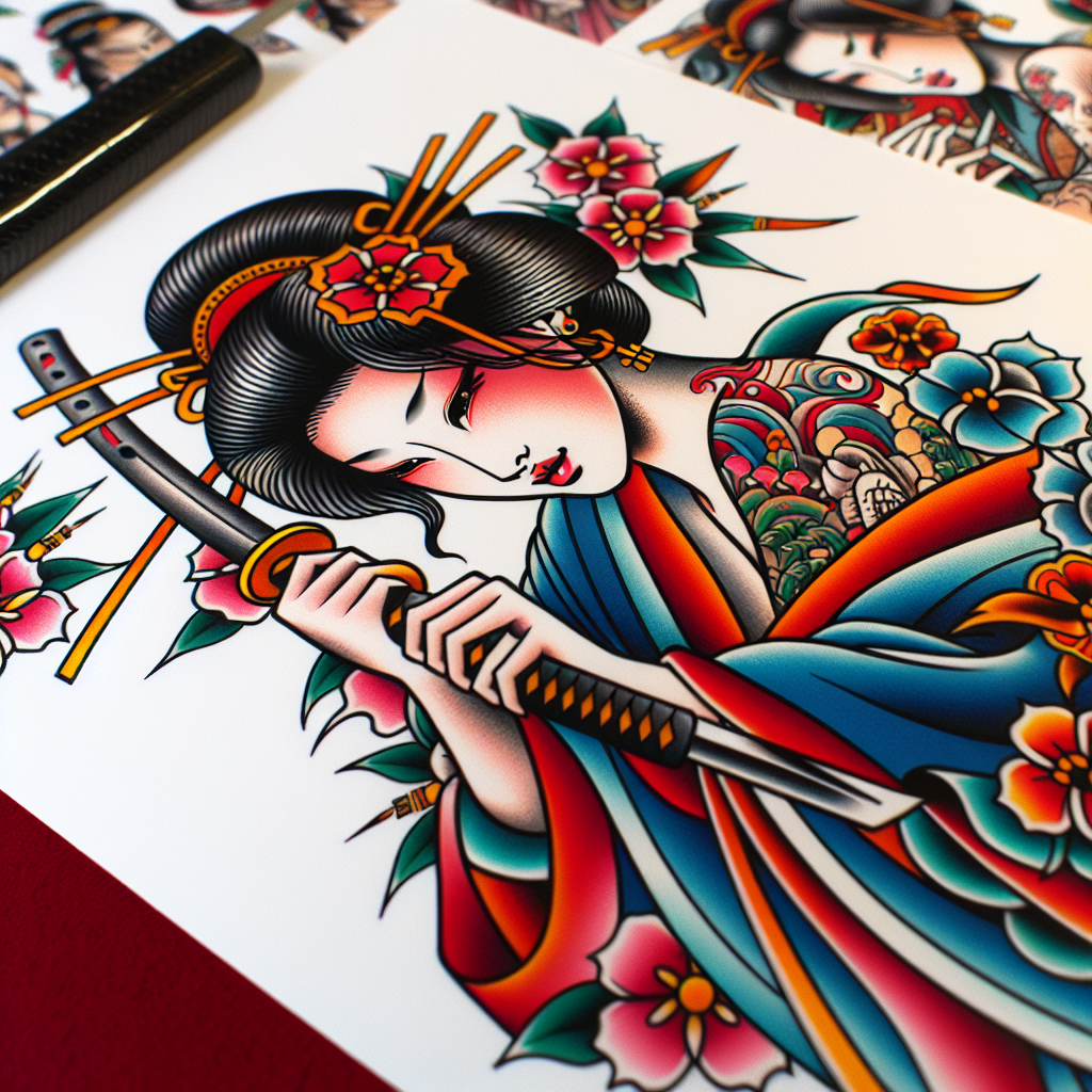 Japanese "A Chinese woman inspired by Mulan cutting her hair but instead of a sword she is using a katana" Tattoo Design