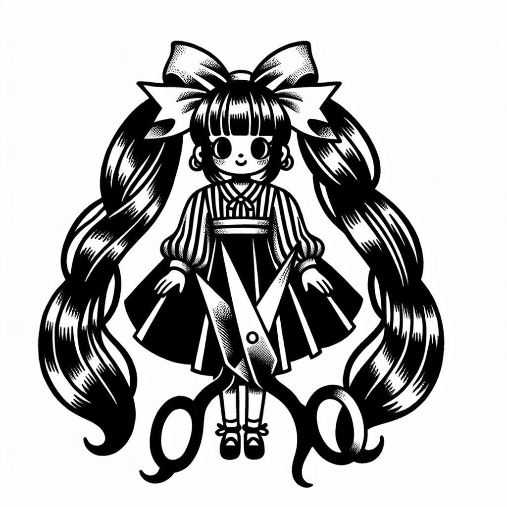 Traditional "petite anime girl with two long pigtails with bows in her hair holding giant scissors" Tattoo Design