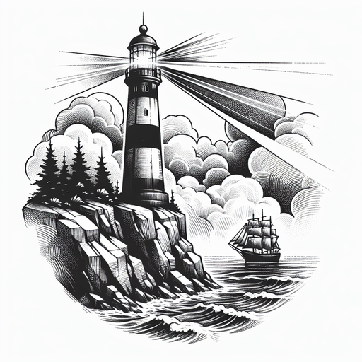 A Lighthouse Standing Firm On A Rocky Cliff, Its Light Beam Emerging Through Dense Fog, Guiding A Small Ship Navigating Choppy Waters.