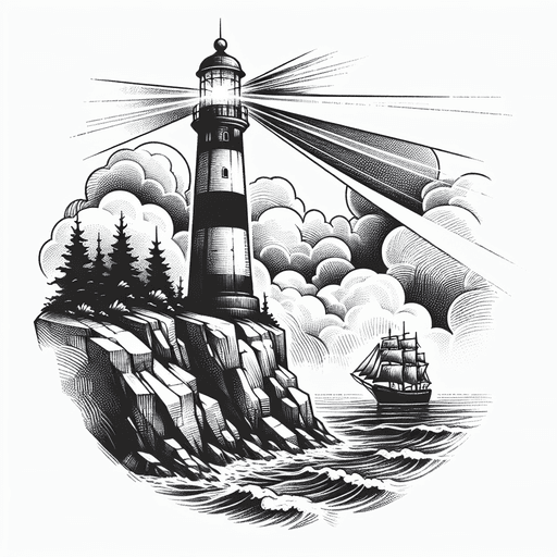 Sketch "A lighthouse standing firm on a rocky cliff, its light beam emerging through dense fog, guiding a small ship navigating choppy waters." Tattoo Design