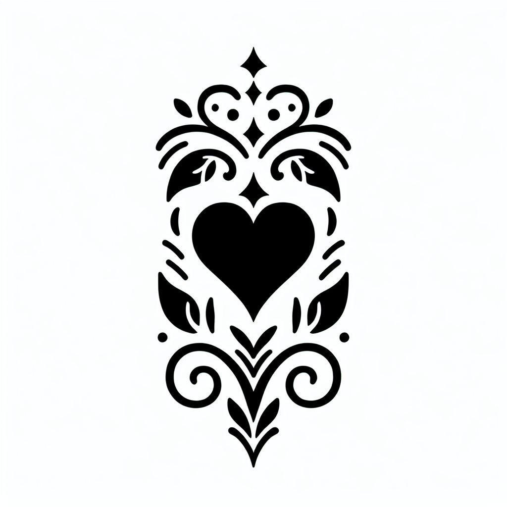Tribal "A minimalist black heart with a small spade symbol inside, surrounded by delicate vine accents" Tattoo Design