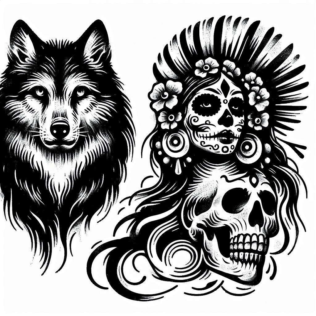 Sketch "wolf mit la catrina" Tattoo Design