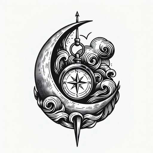 A Compass Surrounded By Stormy Waves Under A Crescent Moon.