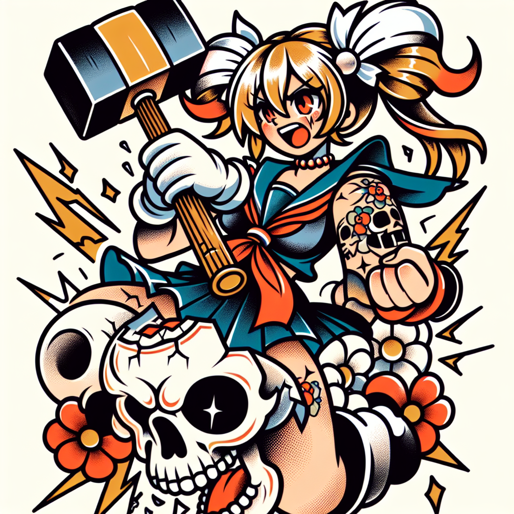 Traditional "anime girl with white pigtails smashing a skull with a hammer" Tattoo Design