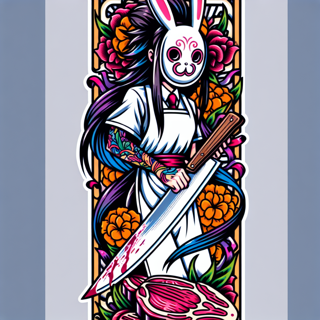 Traditional "anime girl with spikey long hair with a bunny mask slicing a meat" Tattoo Design