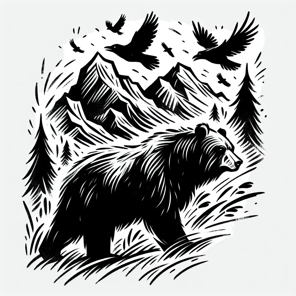Sketch "Bear in mountains with crows" Tattoo Design