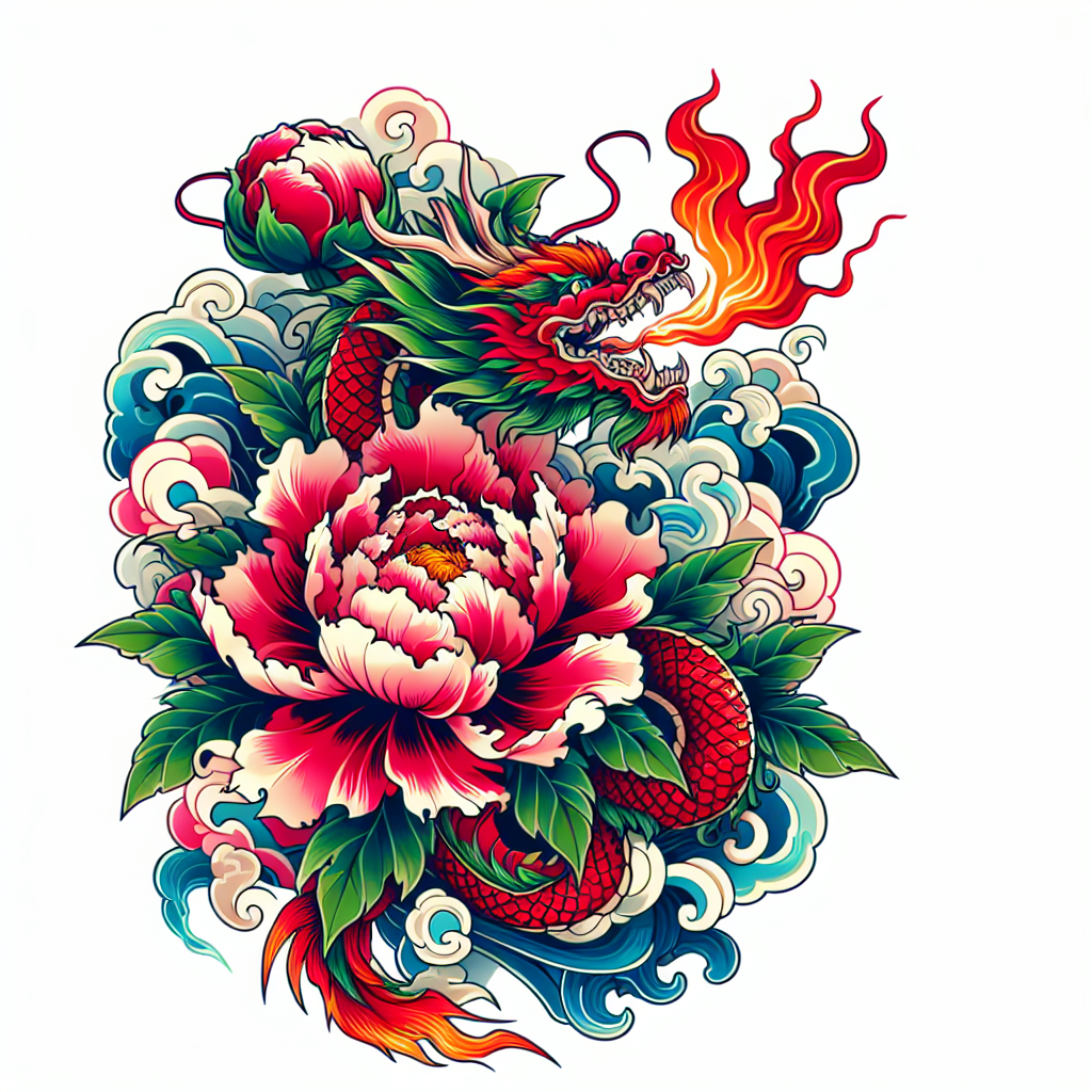 Japanese "A peony with a dragon breathing fire" Tattoo Design