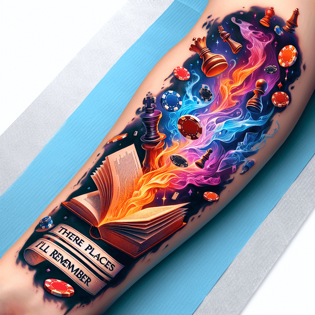 Realism "Forearm tattoo of A Book Titled "hiraeth" Opened With Poker Chips And Chess Pieces Magically Flying Upwards With Smoke And With The Words "there Are Places I'll Remember"" Tattoo Design