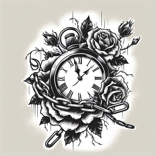 Sketch "A clock with its hands bound by chains, surrounded by wilting flowers." Tattoo Design