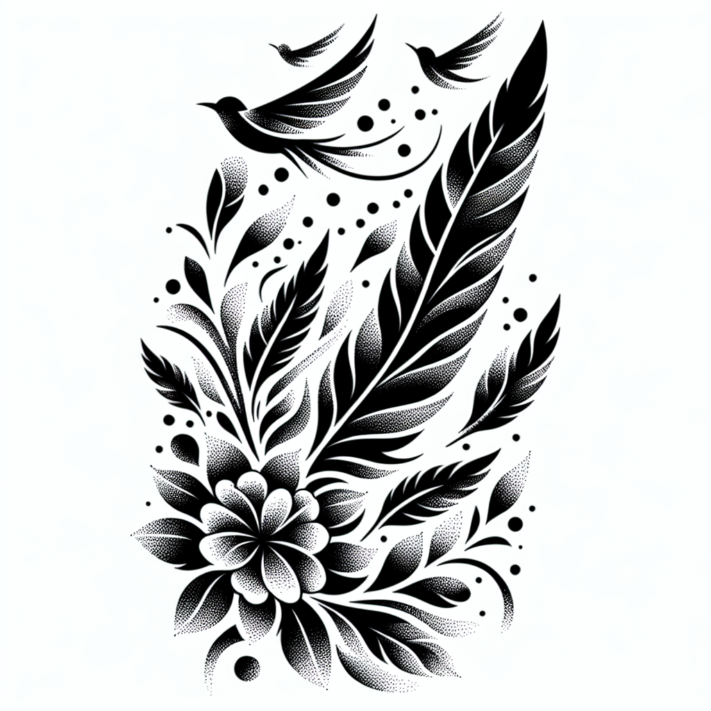 Dotwork "Flying feathers with flowers in the background" Tattoo Design