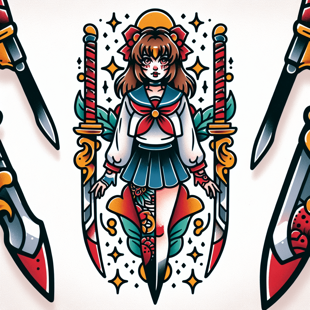 Traditional "anime girl with tattoos holding two daggers covered in blood" Tattoo Design