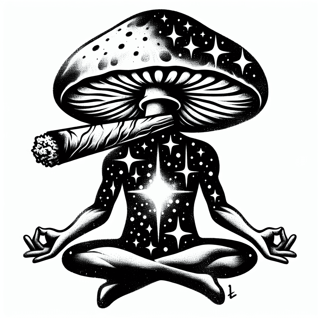 Sketch "Stars and galaxy merged with a mushroom sitting criss cross meditating with a blunt in his mouth." Tattoo Design