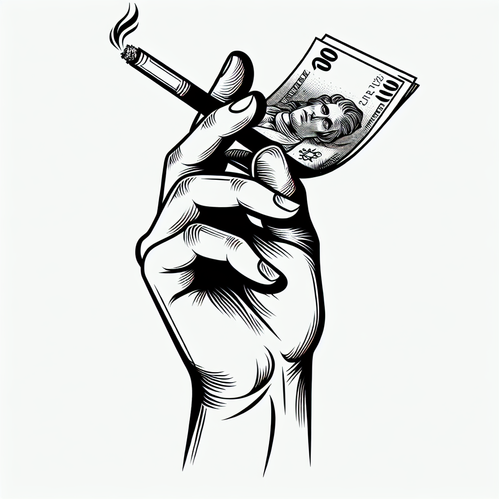 Single line "I want a tattoo that contains a hand and a cigarette between the fingers made from a rolled banknote" Tattoo Design