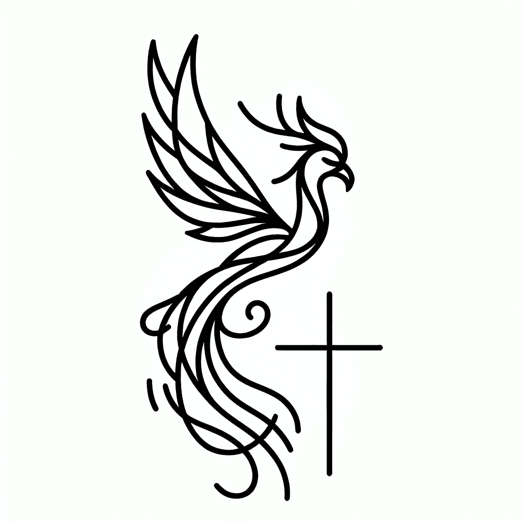 Single line "Phoenix with cross" Tattoo Design