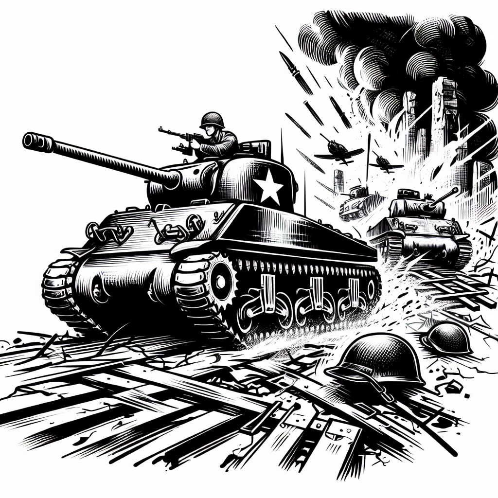Sketch "Sherman tanks crossing a destroyed battlefield rolling past debris, tanks, and helmets" Tattoo Design