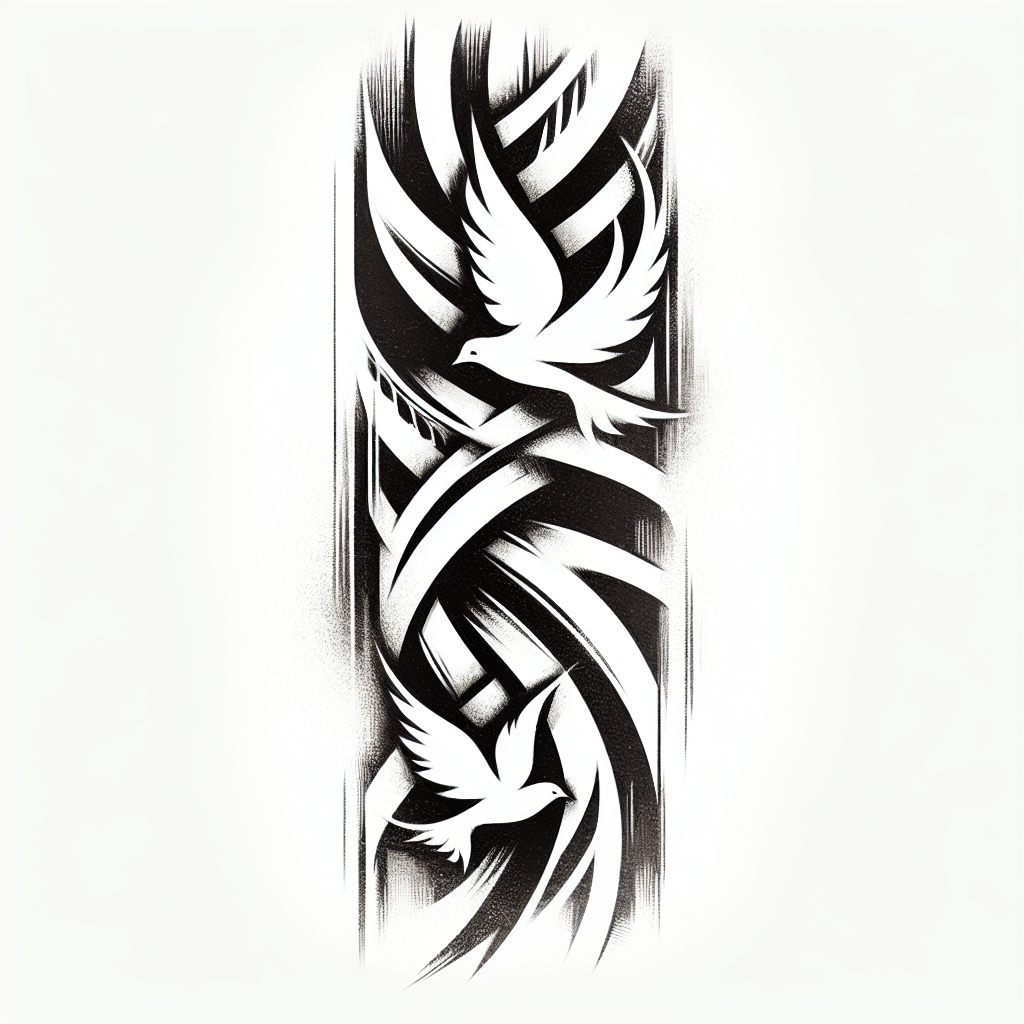 Two Shaded In Tribal Bands Merged With Flying Doves Coming Out Of The Tribal Band.