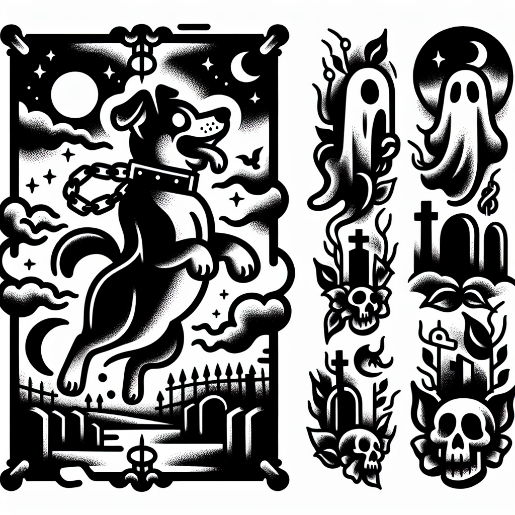 Traditional "ghost dog floating with a leash to a ghost, in a gothic graveyard" Tattoo Design