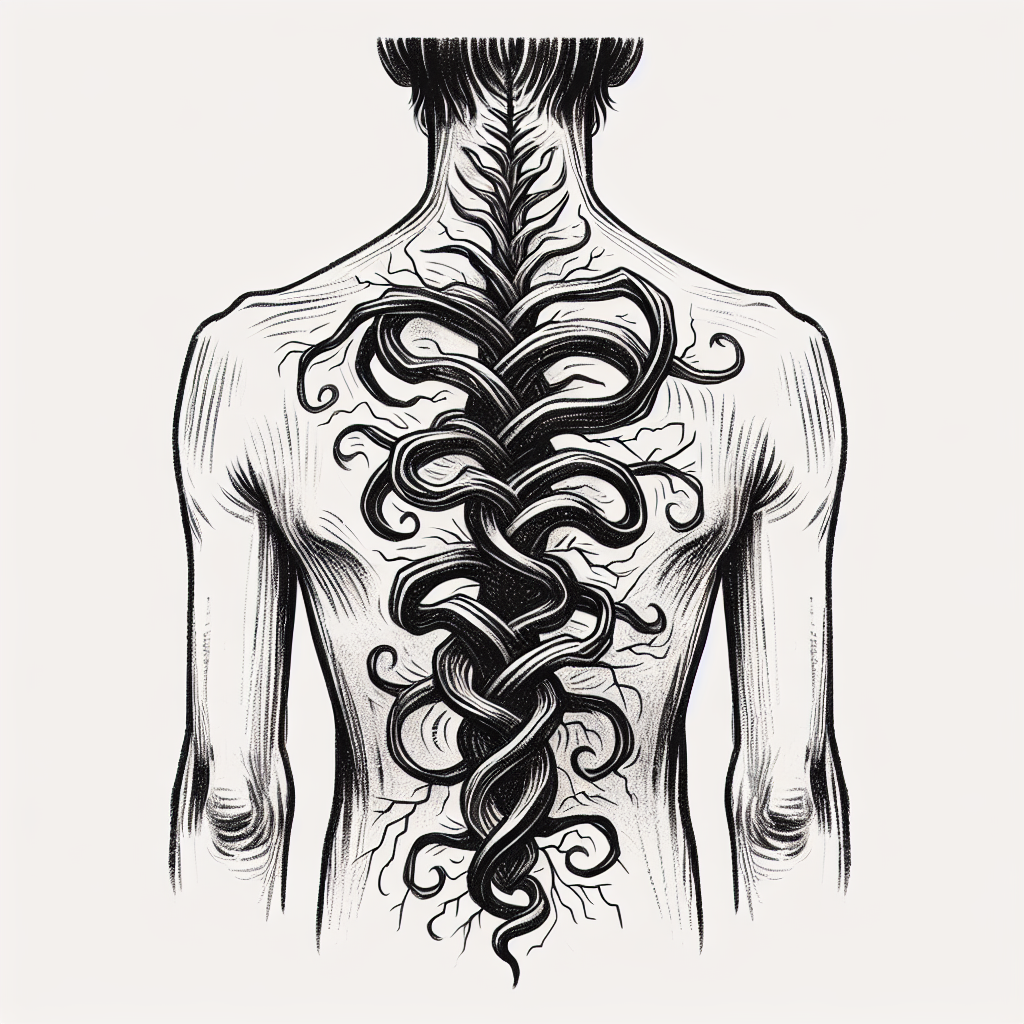 A Back Tattoo Of An Intricate And Mysterious  Contort Blackheart Vine Design,like A Spinal Column,from Neck To Buttock