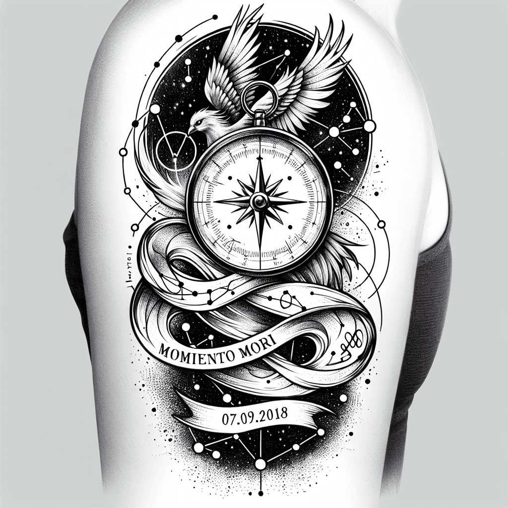 Sketch "Kompass als Unendlichkeitszeichen mit Universum, Phönix, Wassermann als Sternzeichen mit dem Spruch Momento mori mit Geburtsdatum 07.09.2018 für Frauen Oberarm" Tattoo Design