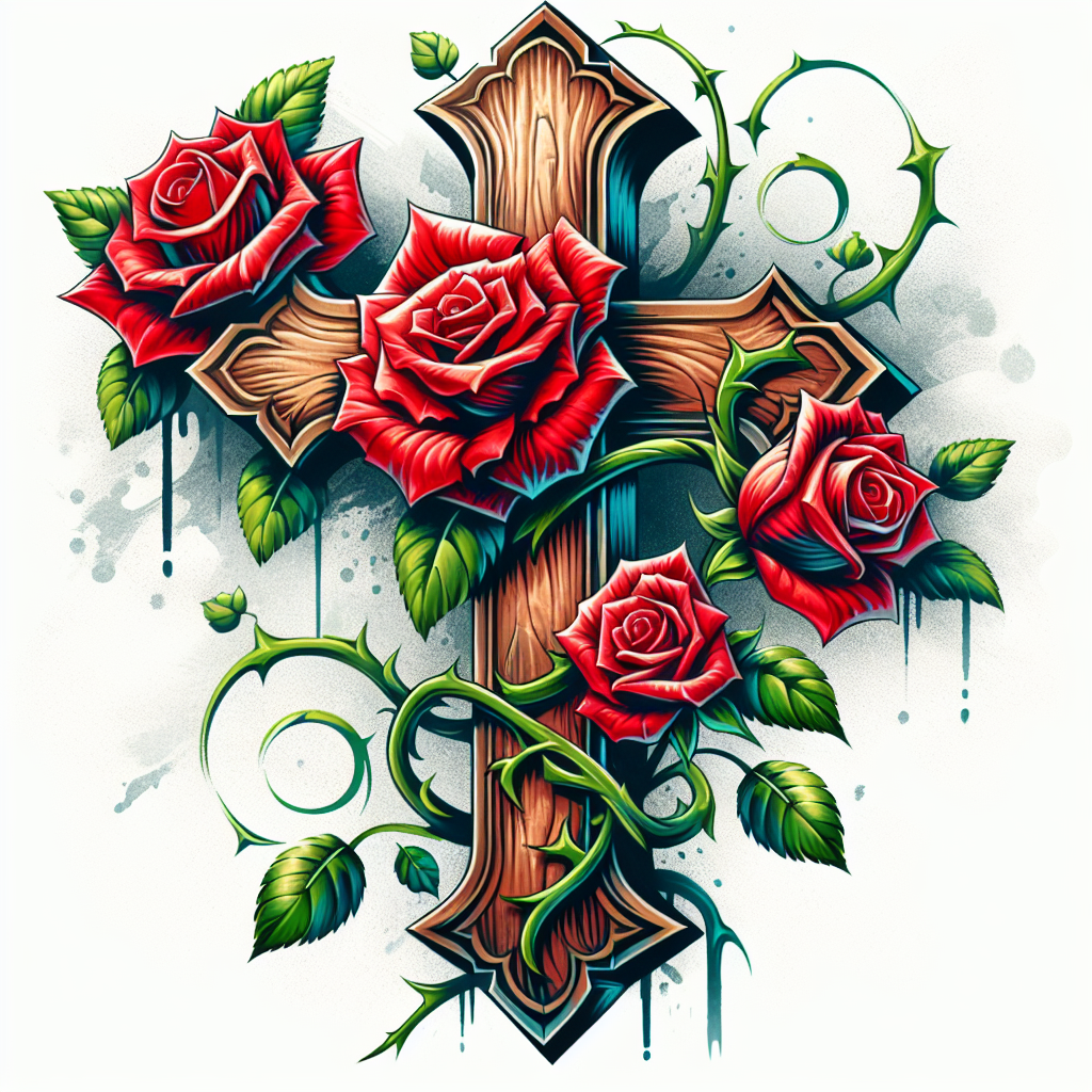 Realism "Old wooden Cross with three Red roses and green vines" Tattoo Design