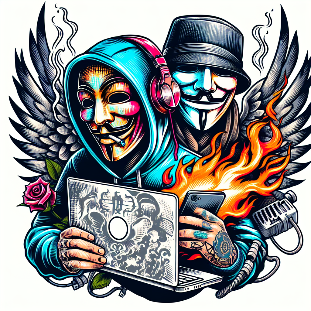 Sketch "Create or draw a tattoo of an anonymous two face mixed double human-dragon skull in ski mask with headphones on, wearing a hat with hood on, while smoking weed, with flaming wings and using a laptop," Tattoo Design