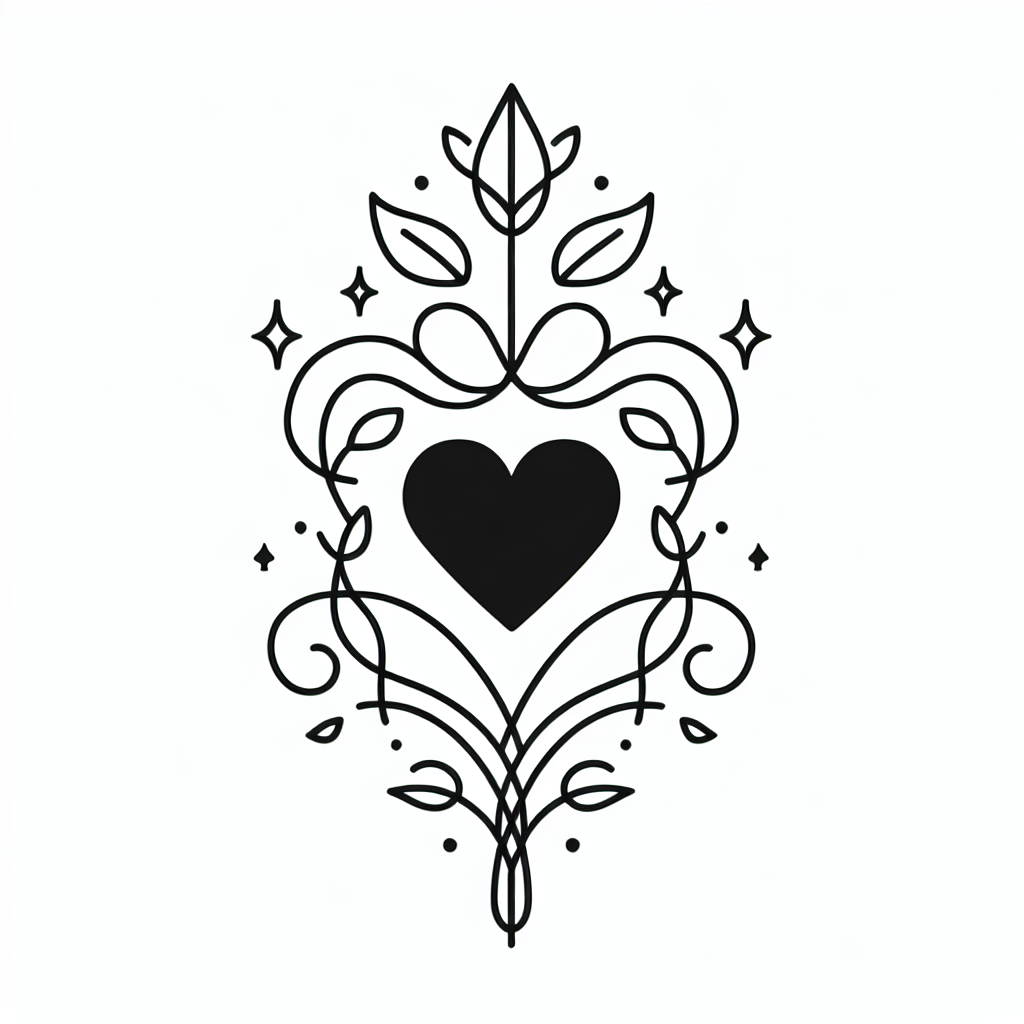 Single line "a black heart with a small spade symbol inside, surrounded by delicate vine accents" Tattoo Design